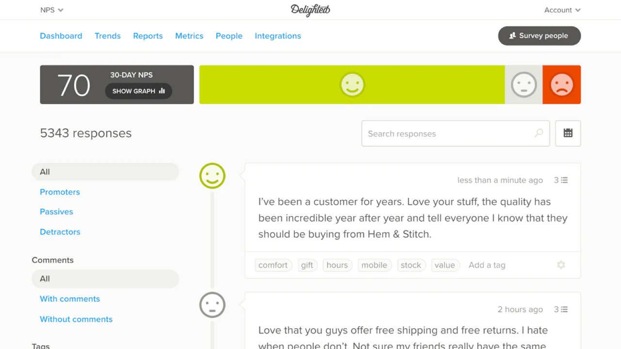 Delighted NPS survey platform with in-app feedback collection and testimonial publishing for enterprise product teams
