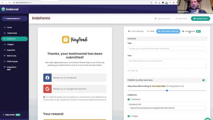 Endorsal automated testimonial system showing workflow automation with EndoForms and social media integration for local businesses