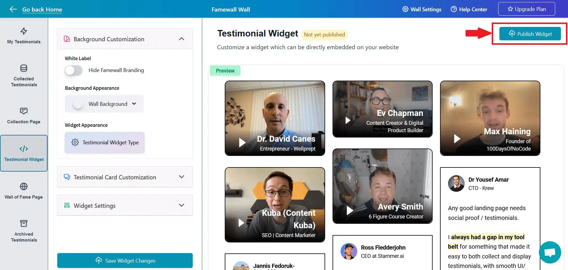 Famewall testimonial platform showing AI-powered testimonial collection with multi-platform import and Wall of Fame display for solopreneurs