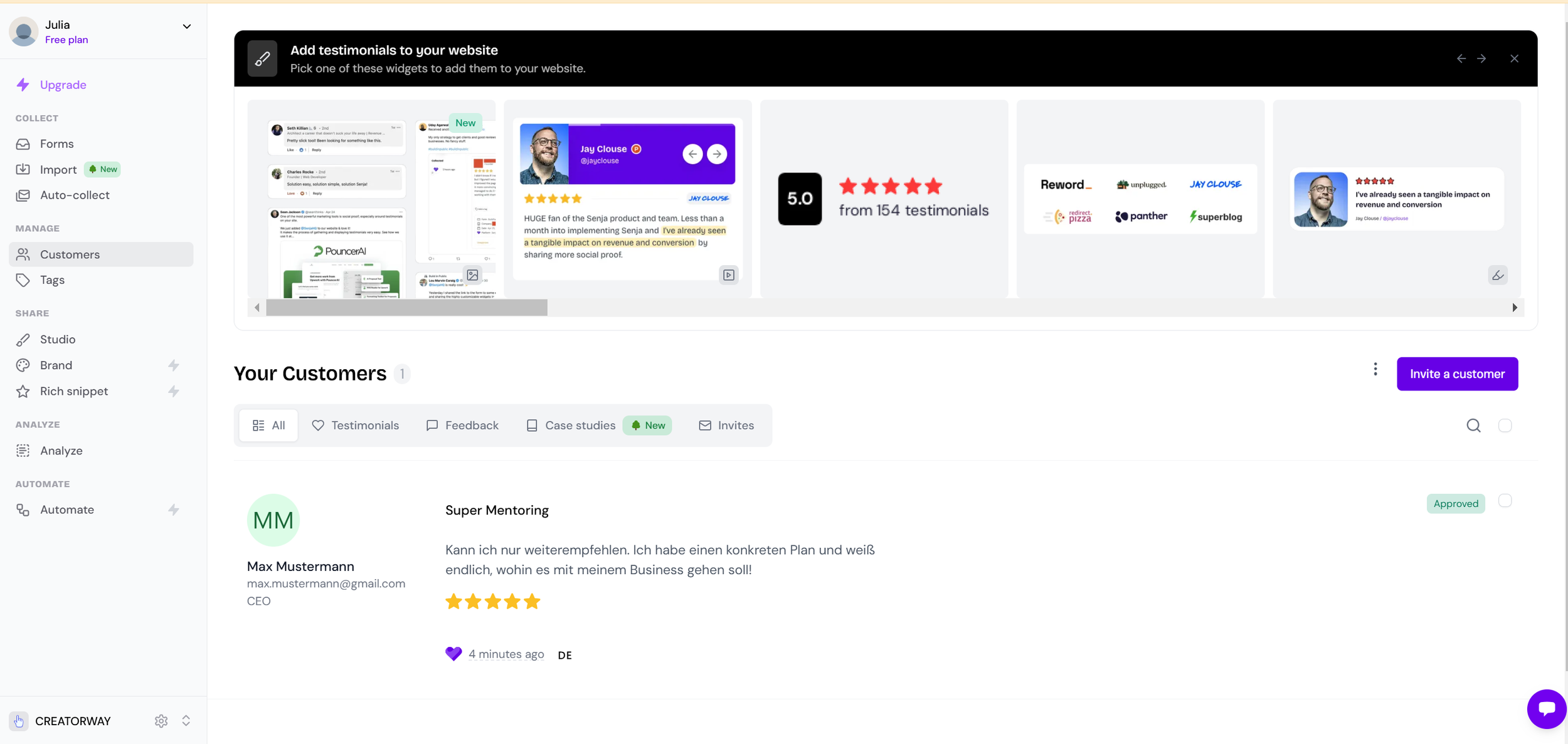 Senja testimonial management platform displaying imported social media testimonials with Wall of Love widget customization and multi-platform integration