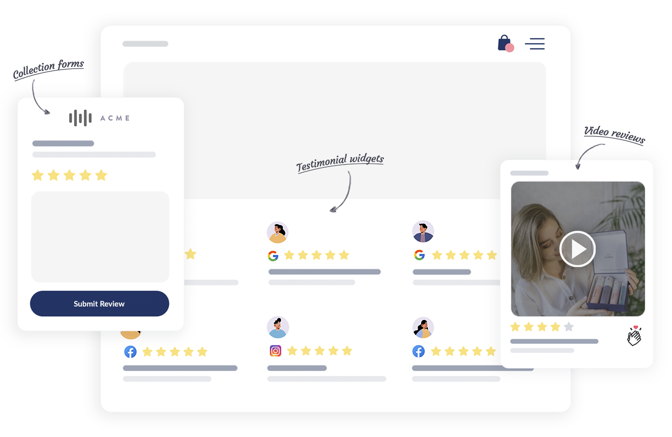 Shapo testimonial management platform showing multi-source review aggregation with auto-sync from 20+ platforms and customizable widget display for Shopify stores