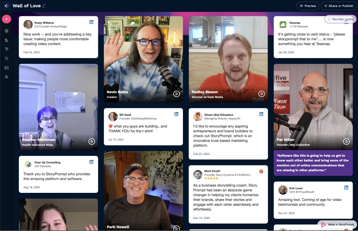 StoryPrompt video testimonial platform showing AI-powered automatic editing with teleprompter guidance for course creators and coaches