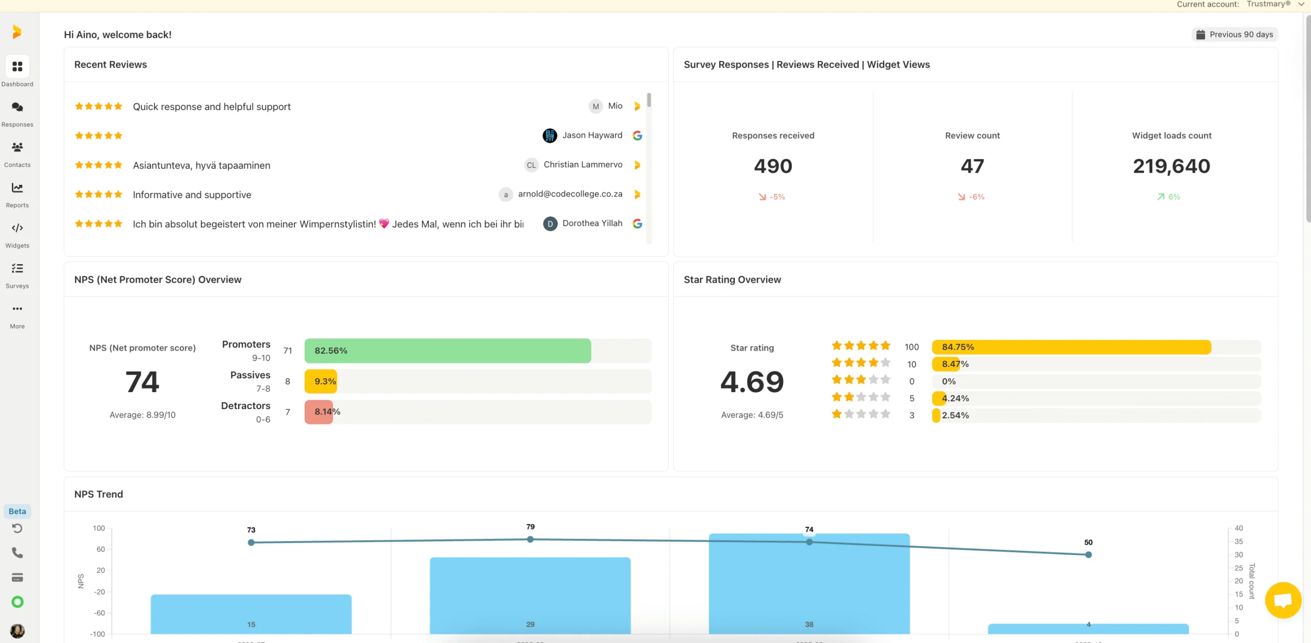 Trustmary 3-in-1 platform showing customer feedback collection, NPS surveys, and automated review showcase for multi-location businesses