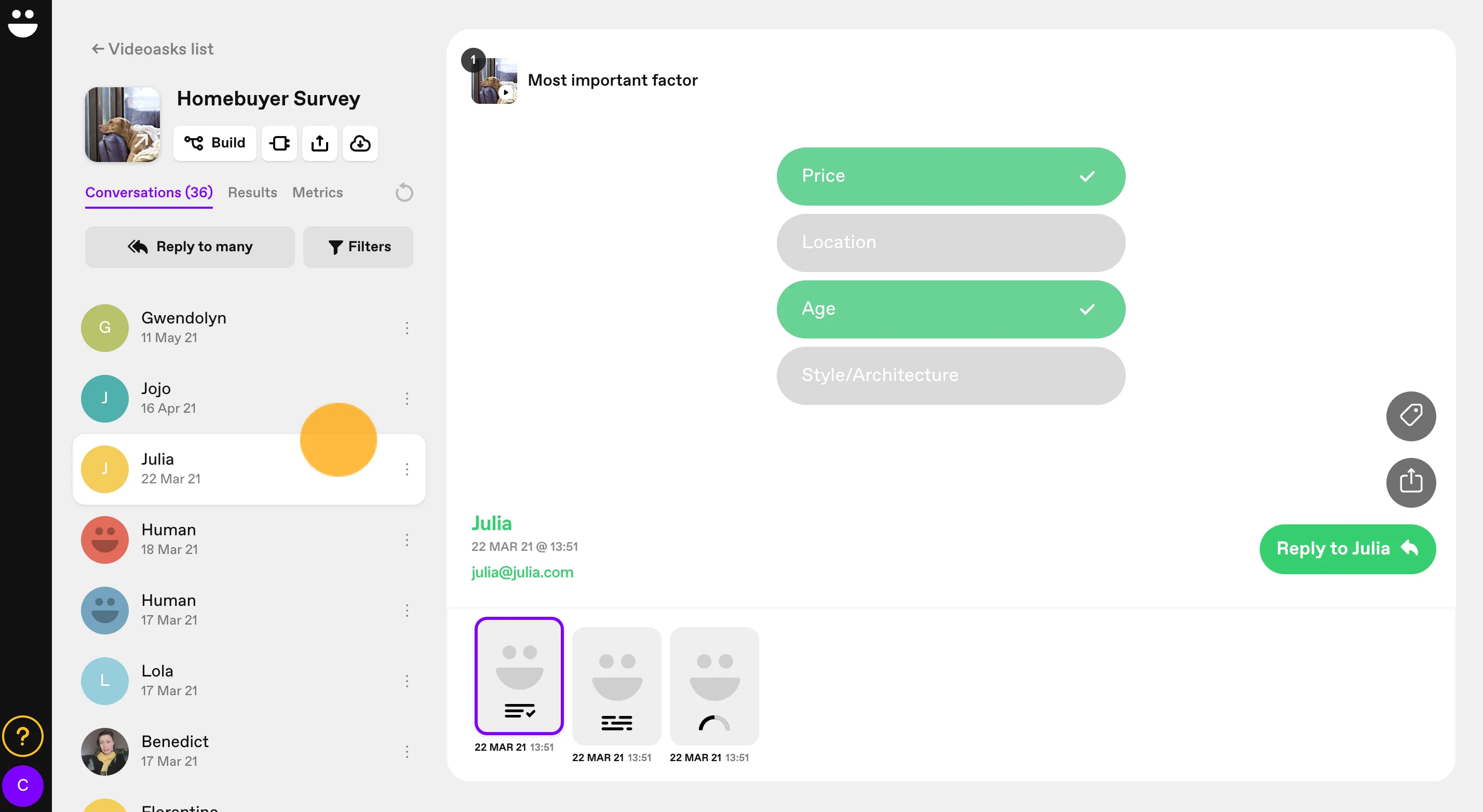 VideoAsk interactive video messaging platform showing asynchronous video conversation interface for testimonial collection