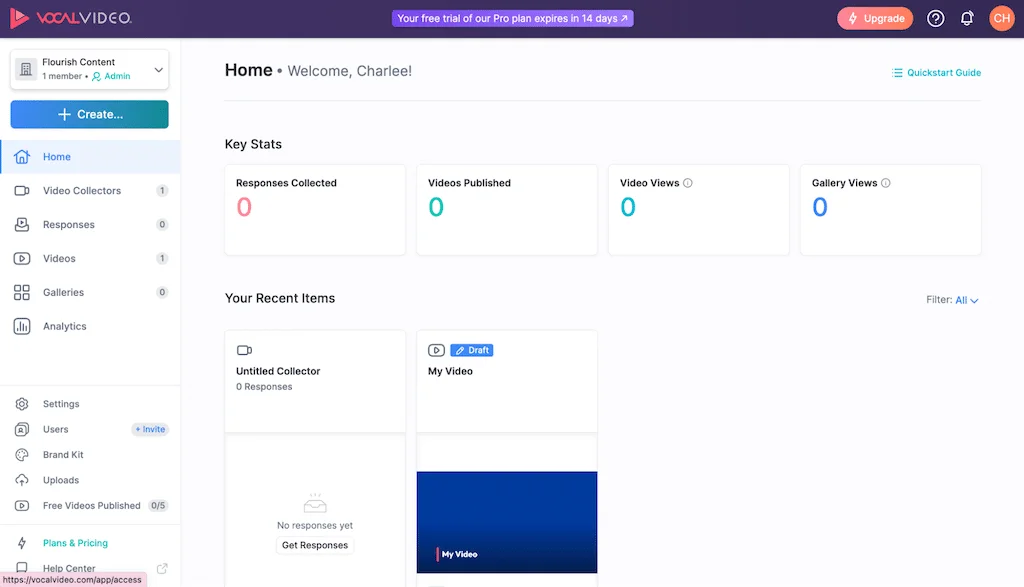 Vocal Video enterprise testimonial platform displaying guided template-based interview process with professional video editing and branding features