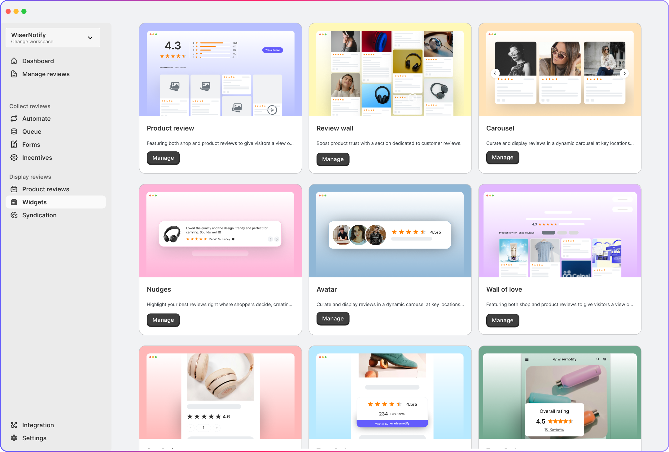 WiserReview review management platform for WooCommerce and Shopify showing automated post-purchase review collection with customizable widgets and AI moderation